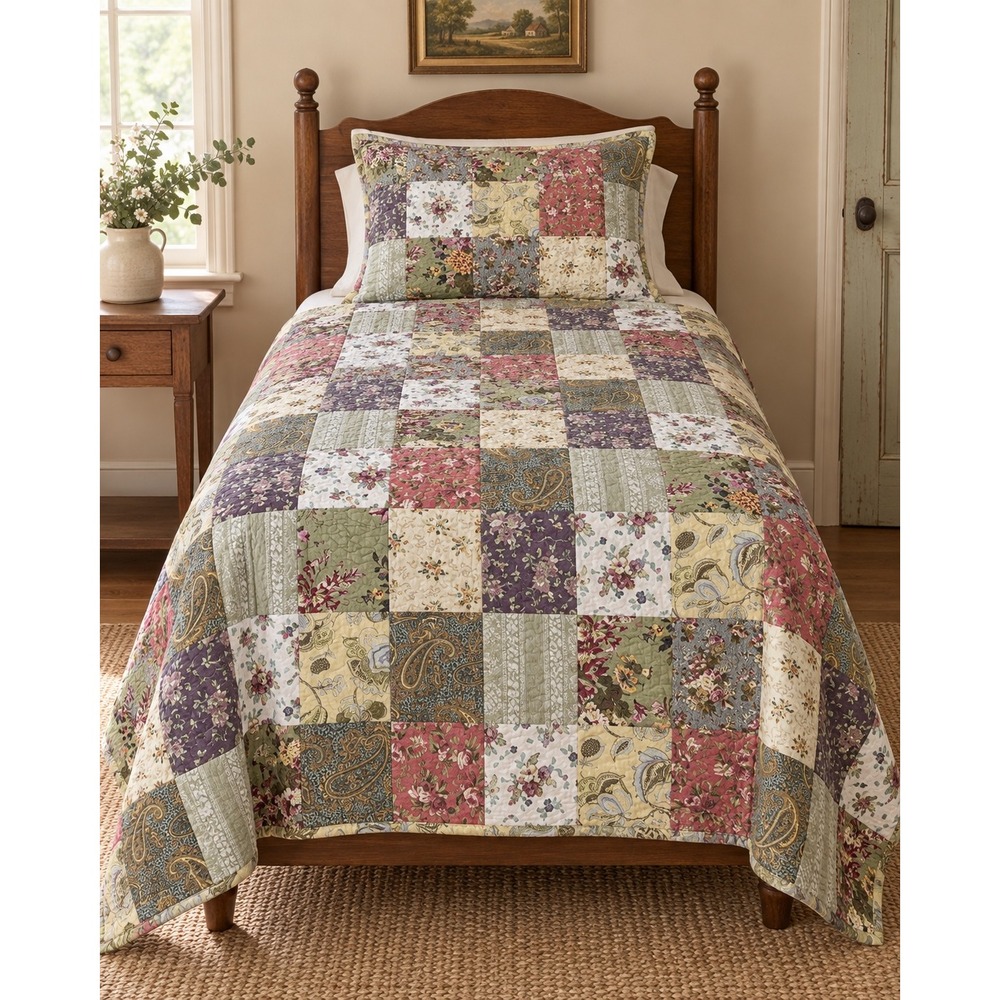Floral Paisley Patchwork Twin Quilt With Matching Sham 68x88 Cottage